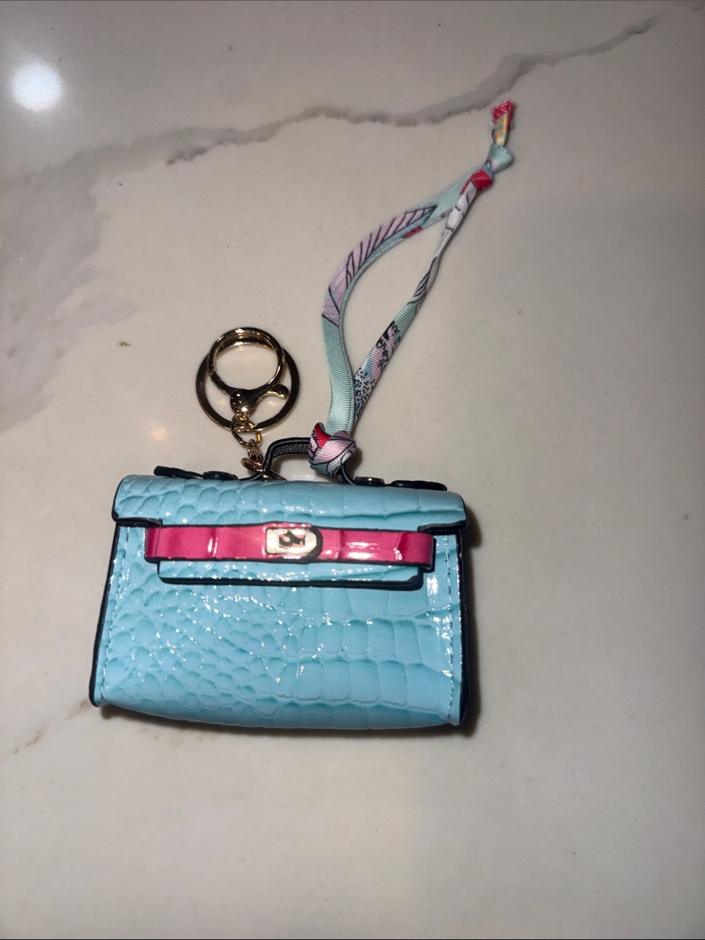 Aqua Faux-Croc Key & Card Holder with Pink Accent Strap